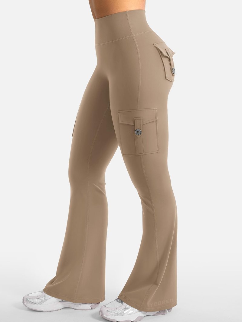 YEOREO CoreFlex Women Workout Flare Leggings with Pockets Hidden Scrunch High Waisted Cargo Gym Yoga Leggings Light Brown M