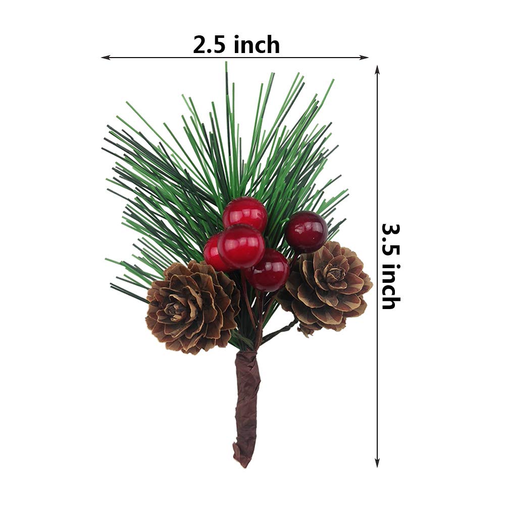 BLEBRDME 20PCS Artificial Pine Picks Small Pine Tree Plants Red Pinecones for Christmas Flower Arrangements Wreaths and Holiday Decorations