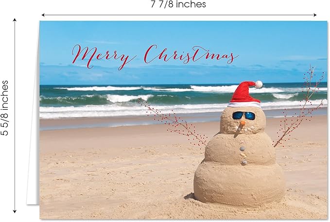 Canopy Street Masterpiece Beach Snowman Cards / 16 Merry Christmas Holiday Card Set With White Envelopes / 5 5/8" x 7 7/8" Winter Greeting Cards With Meaningful Inside Verse