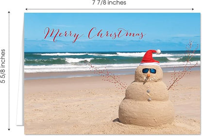 Canopy Street Masterpiece Beach Snowman Cards / 16 Merry Christmas Holiday Card Set With White Envelopes / 5 5/8" x 7 7/8" Winter Greeting Cards With Meaningful Inside Verse