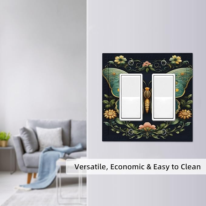 Butterfly Ornate with Flower Dual Outlet Covers Wall Plate 2 Gang Rocker Decora Decorative Switchplate Electrical Faceplate GFCI Light Switch Covers for Farmhouse Living Decor
