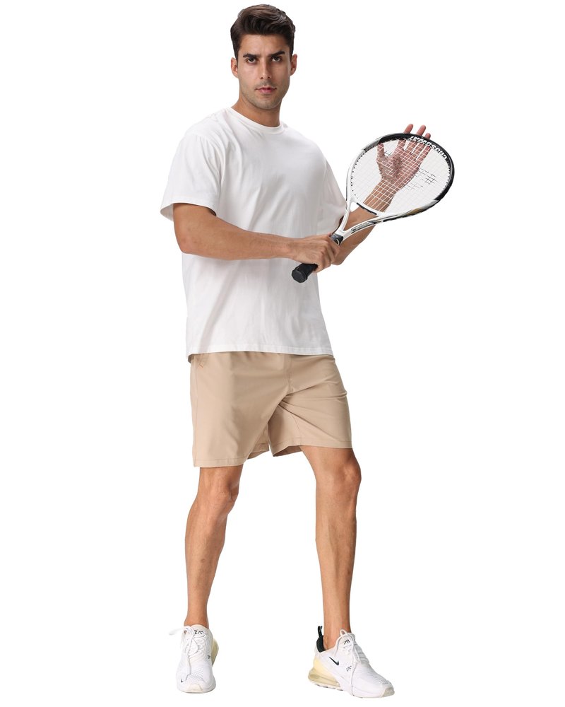Rapoo Athletic Shorts for Men Gym Workout Shorts 7 Inch Inseam with Zipper Pockets Summer Quick Dry Lightweight Breathable Elastic Waist Sports Running Shorts for Men Khaki XL