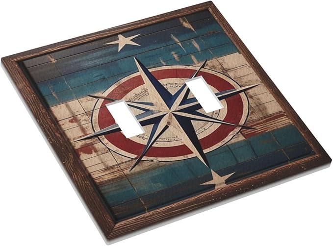 Decorative Art Light Switch Covers Nautical Rustic Star Emblem 2 Gang Double Toggle Wall Plate Decorative Switchcover Electrical Switchplate for Home Decor