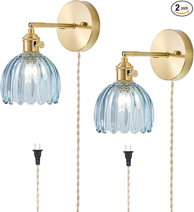 Plug in Wall Sconces Set of 2, Vintage Wall Sconce Light with Tulip Denim Blue Glass Lampshade, 180° Adjustable Wall Sconce with Switch and Plug in wall lamp Cord, Gold Wall Light Wall Decor Set of 2