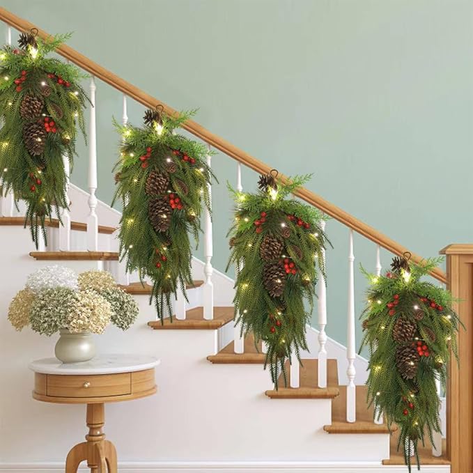 2025 Upgraded 27.6inch Prelit Christmas Teardrop Swag Norfolk Pine Swags Christmas Wreaths with Lights Greenery Stairway Swags Staircase Decorations for Door Indoor Outdoor Home Hanging Decor