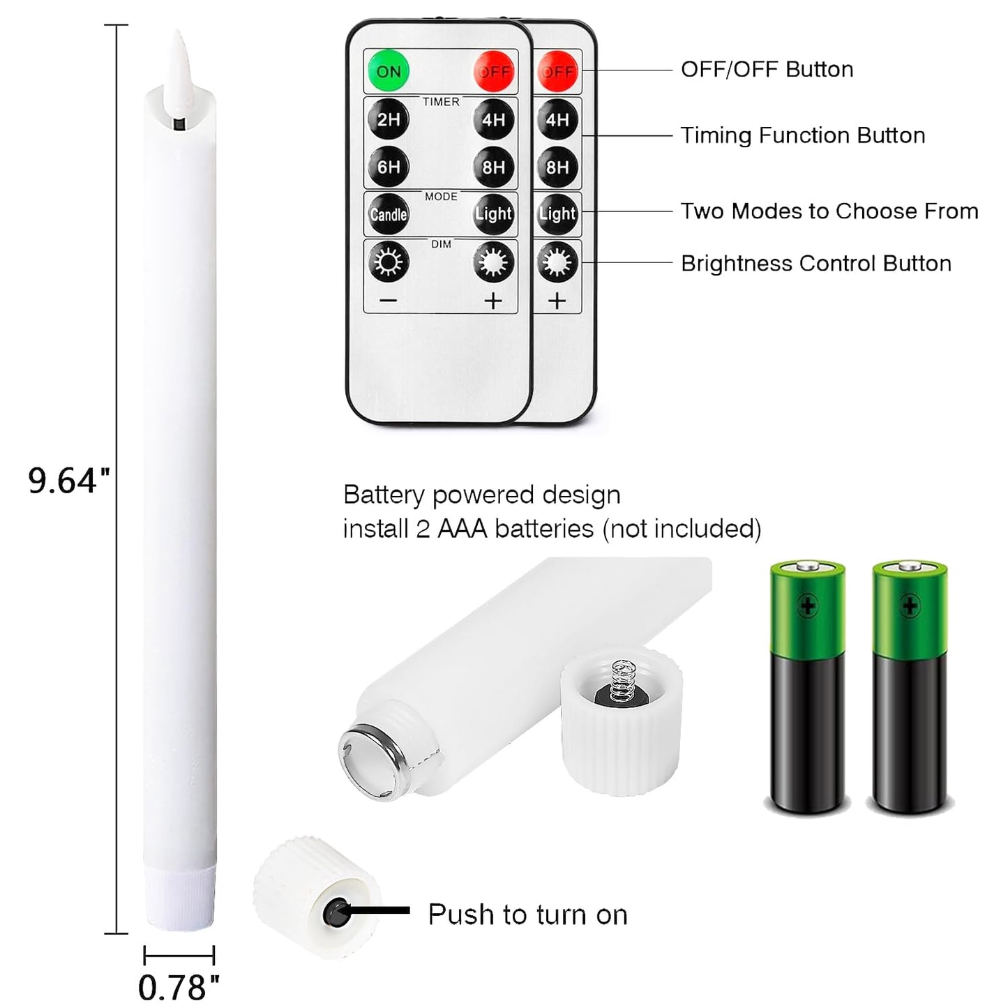 salipt Flameless White Taper Candles Flickering with Timer and 10-Key Remote, Battery Operated LDE Warm 3D Wick Light Window Candles Real Wax Pack of 4, Christmas Home Wedding Decor(0.78" X 9.64")