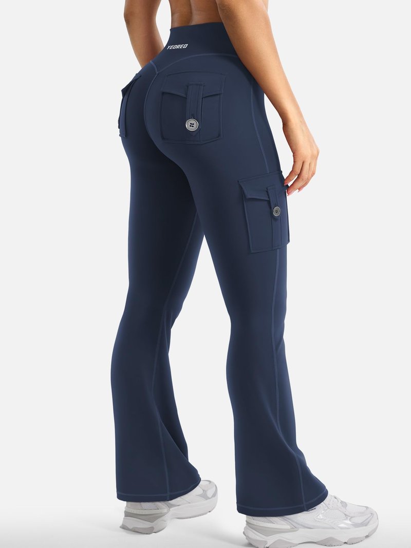 YEOREO CoreFlex Women Workout Flare Leggings with Pockets Scrunch Cargo Gym Yoga Leggings Blue Navy M