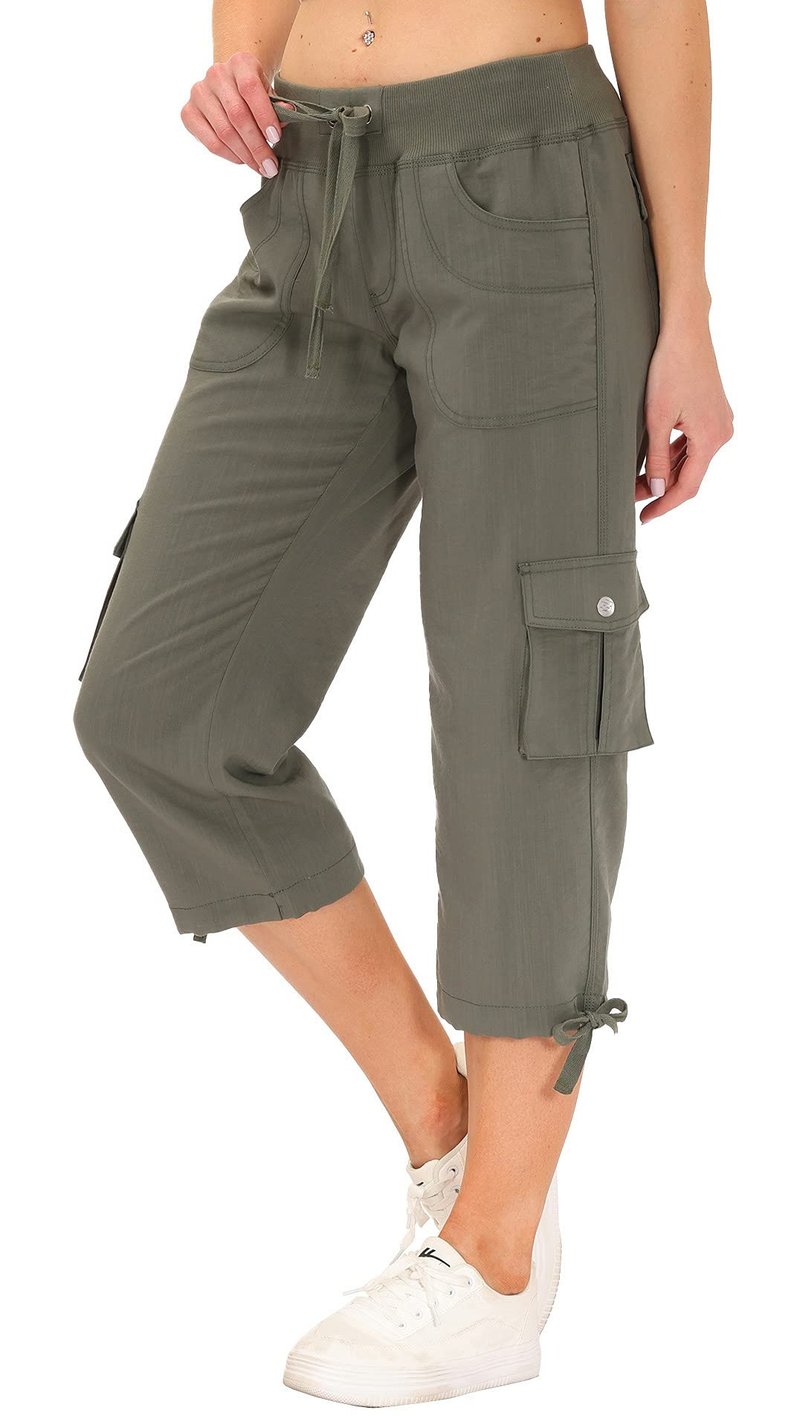 MoFiz Women's Cargo Capris Hiking Pants Lightweight Quick Dry Running Outdoor Casual Shorts Button Pockets UPF 50+ Army Green S