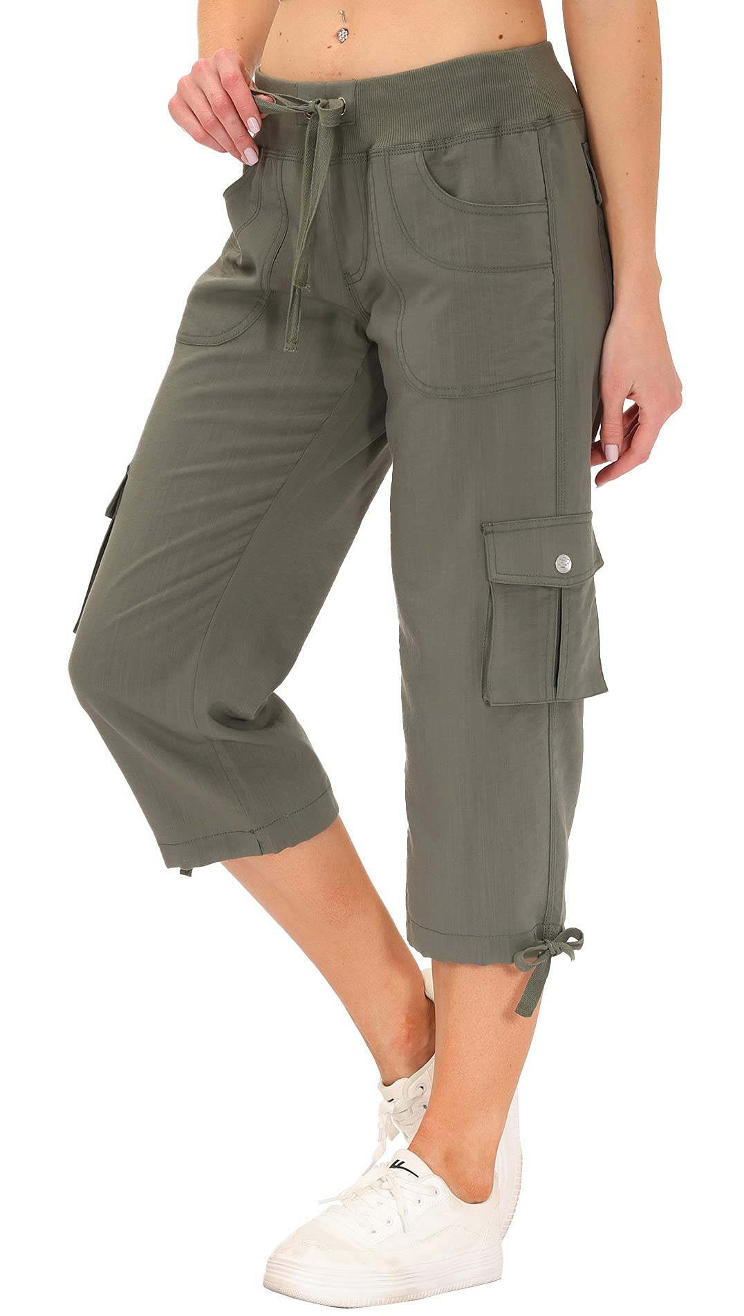 MoFiz Women's Cargo Capris Hiking Pants Lightweight Quick Dry Running Outdoor Casual Shorts Button Pockets UPF 50+ Army Green 2XL