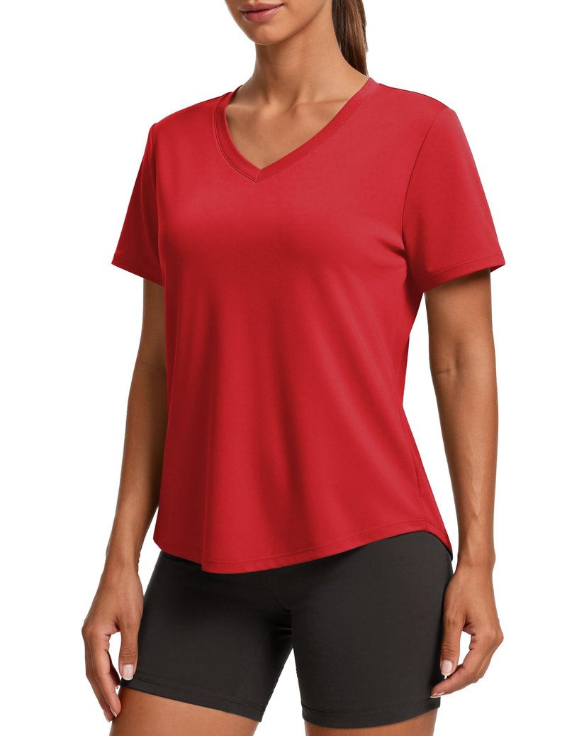 PINSPARK Gym Shirts for Women Short Sleeve V Neck Workout Tops Moisture Wicking Athletic T-Shirts Quick Dry Fitness Exercise,Red XX-Large