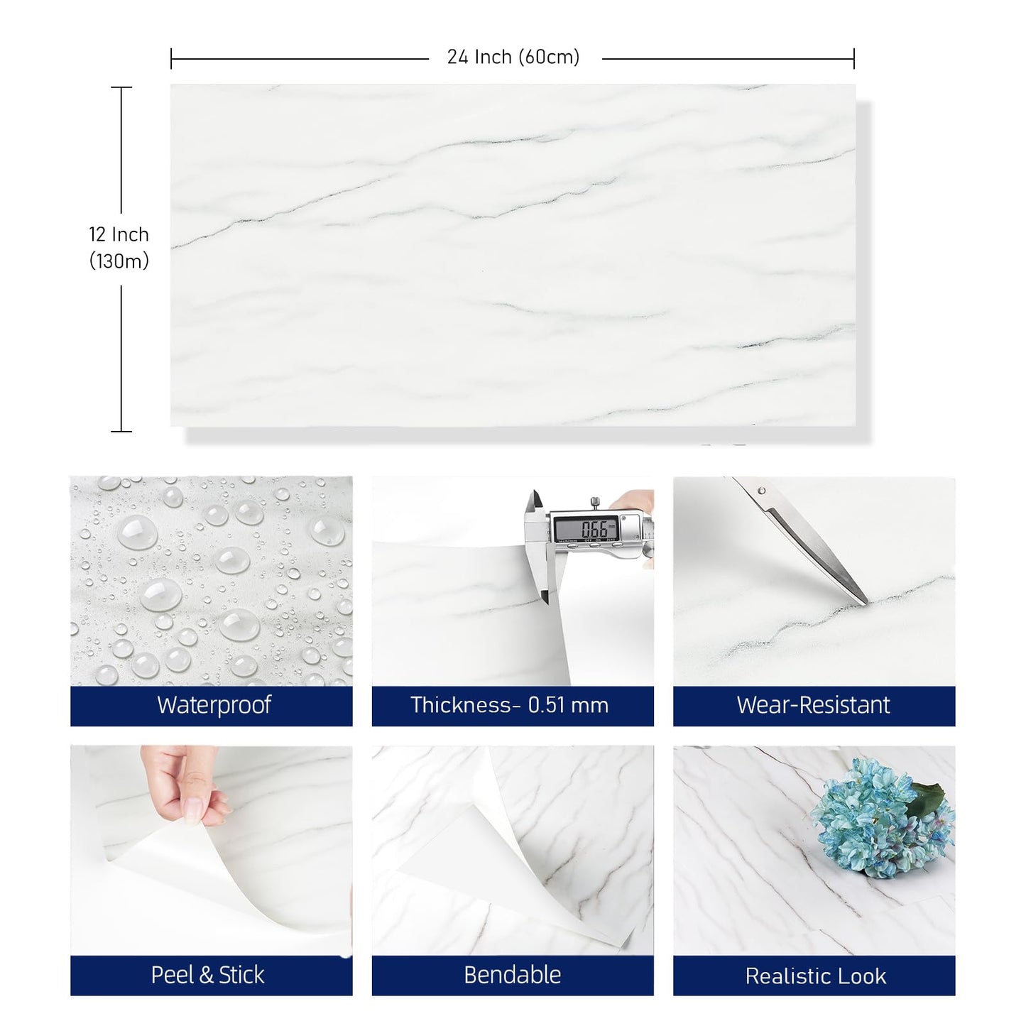 FunStick 12"x24" 15 Pcs White Marble Vinyl Flooring Peel and Stick Floor Tile Waterproof Removable Peel and Stick Flooring for Bathroom Stick on Floor Tiles for Kitchen Bedroom Laminate Sheets Walls