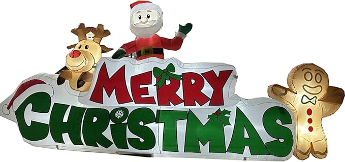 9.5 FT Christmas Inflatable Merry Christmas Sign with Santa, Reindeer & Gingerbread Man, LED Lit in- & Outdoor Decoration for Yard Garden Lawn Winter Decor
