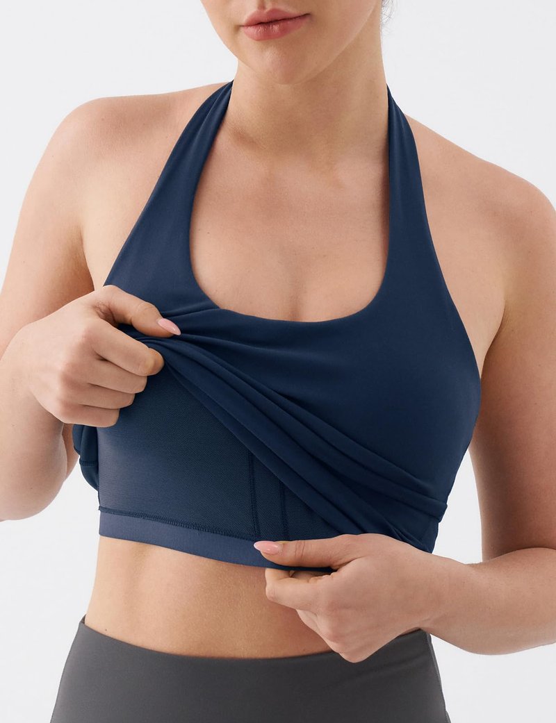 K-Swiss Halter Crop Tops for Women - Open Back Padded Longline Sports Bras Workout Gym Yoga Top, Blue M