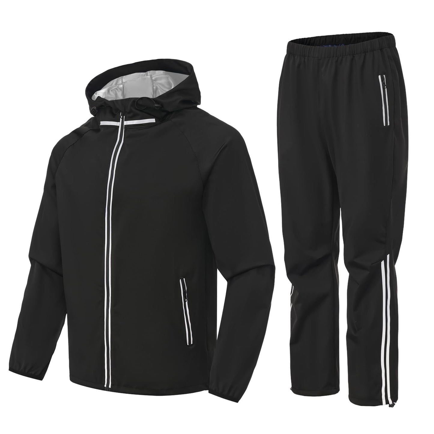 Donason Men's Sauna Suit Full Body Sweat Suit with Hood for Weight Loss Durable Jacket and Pants for Gym Workout Body Shaper Heat-Trapping Fitness Shapewear Long Sleeve Tracksuit with Zipper