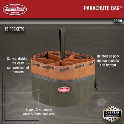 Bucket Boss 25001 Canvas Organizer Parachute Bag with 19 Pockets for Nails,Screws, and Bolts in Brown (Pack of 6)