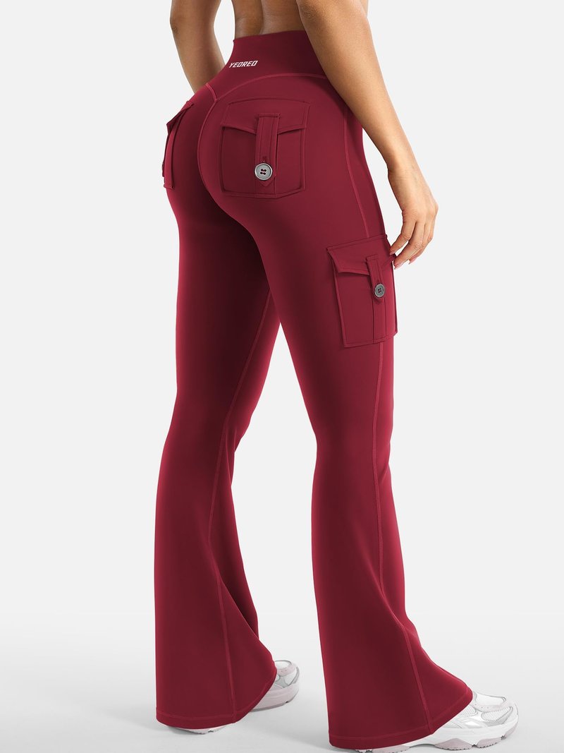 YEOREO CoreFlex Women Workout Flare Leggings with Pockets Hidden Scrunch Cargo Gym Yoga No Front Seam Leggings Wine XS