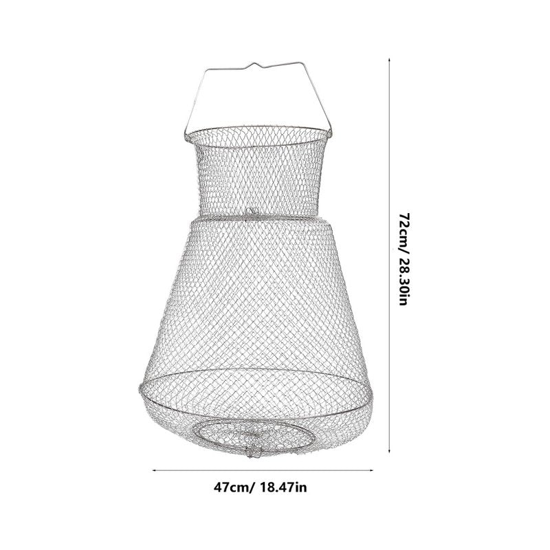 Extra Large Wire Fish Basket, 28X18 inches Fishing Net Cage Collapsible, Crabs Basket Trap Holder for Live Caught Fish, for Seawater, River, and Boat Fishing, Stainless Steel Galvanized, Silver