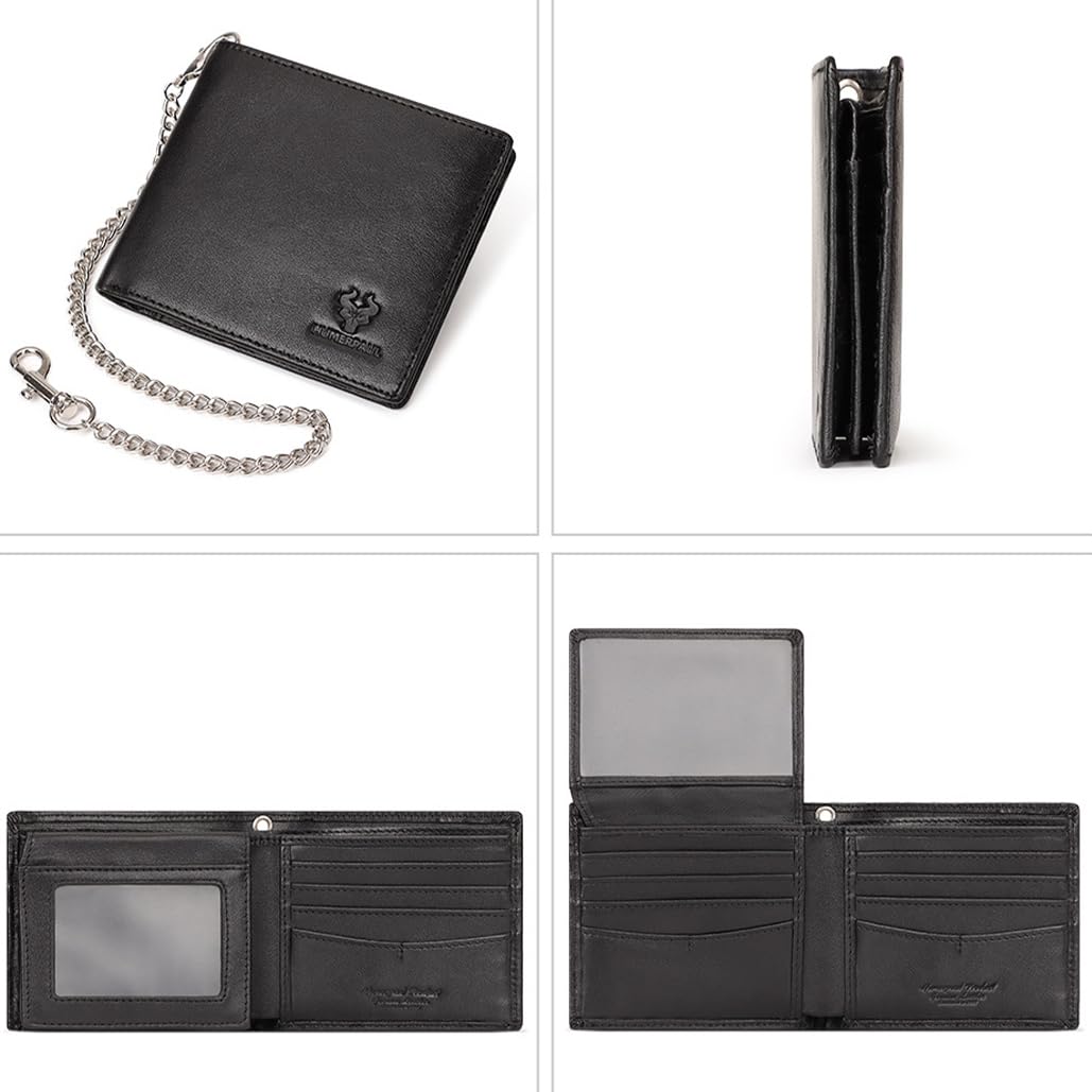 Genuine Leather Card Holder Wallet with Chain Accessory for Men, Women RFID Blocking 13 Card Slots 2 ID Windows 2 Bill Compartments Short Bi-Fold Wallet Gift (Black)