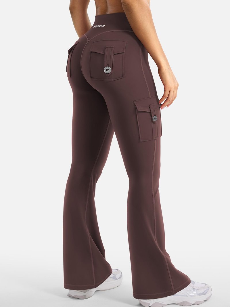 YEOREO CoreFlex Women Workout Flare Leggings with Pockets Hidden Scrunch High Waisted Cargo Gym Yoga No Front Seam Leggings Brown M