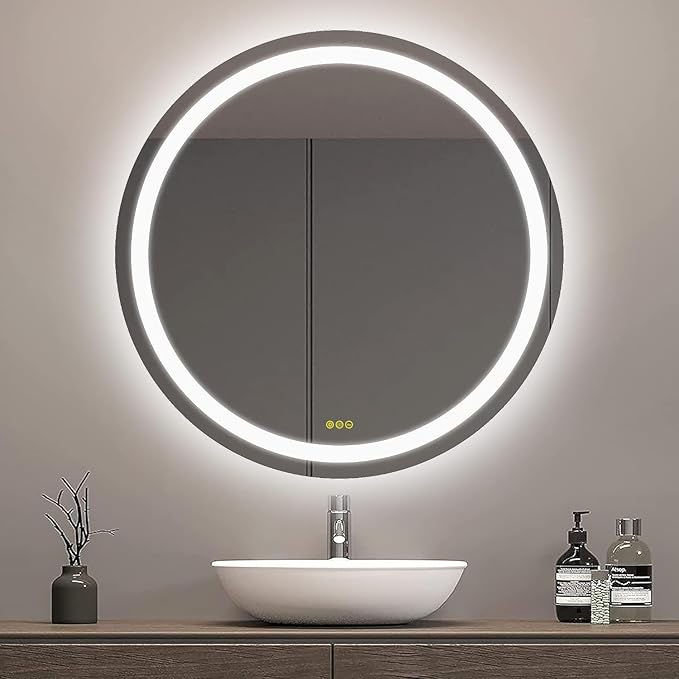 OKISS Round Bathroom Mirror with Lights 24 Inch 3000K/4500K/6400K Wall Vanity Mirror with Anti-Fog Round Led Mirror 3 Color, Dimmable, Memory Smart Touch Button