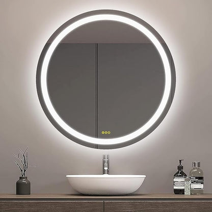 OKISS Round Bathroom Mirror with Lights 24 Inch 3000K/4500K/6400K Wall Vanity Mirror with Anti-Fog Round Led Mirror 3 Color, Dimmable, Memory Smart Touch Button
