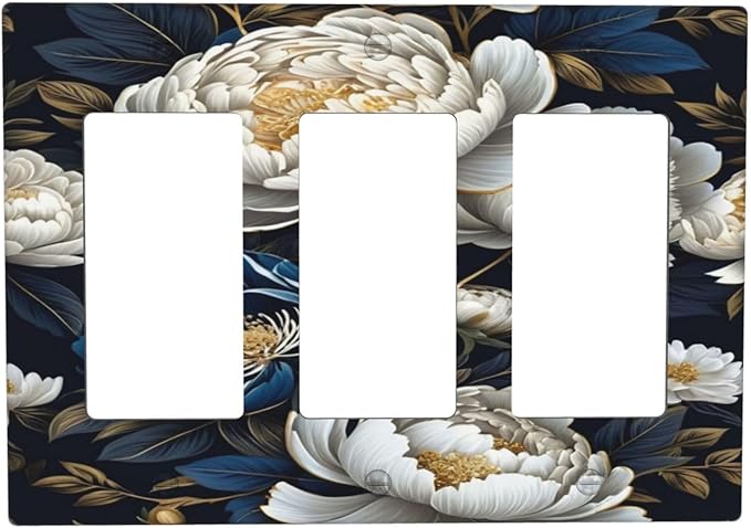 White Gold Blue Flower 3 Gang Rocker Triple Outlet Wall Plate Decorative Switchplate Cover Faceplate GFCI Light Switch Covers for Farmhouse Living Decor