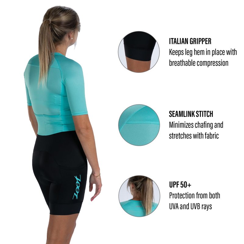Zoot Women’s Core Tri Aero FZ Racesuit, Short Sleeve Moisture-Wicking Triathlon Suit, Plush Chamois & Race Day Storage - Aqua Blue - X-Small