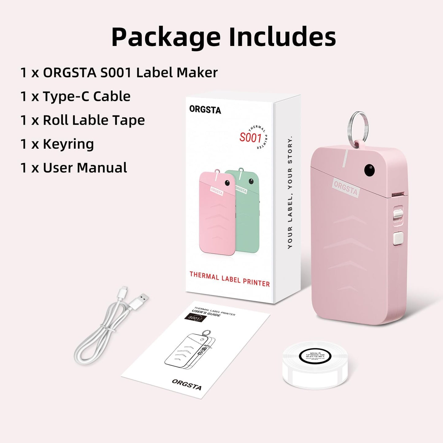 ORGSTA Label Maker, S001 Portable Bluetooth Label Maker Machine with Tape, Thermal Label Printer for Home, Office, School Organization, Wireless Mini Labeler Machine, Pink