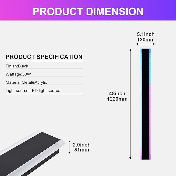 2 Pack Modern RGB Outdoor Wall Lights for Patio,48 inch Long Outdoor LED Wall Lights,Dimmable LED Long Linear Exterior Lighting,Outside Linear Wall Light for Front Door,Garage,Enterway