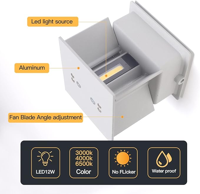 12W 4Pack Outdoor Wall Lights Exterior/Interior,LED White Outdoor Wall Sconces Light Fixtures Modern,IP65 Waterproof Square Aluminum Wall Lamps, Up and Down Lights 4500K Natural Lights