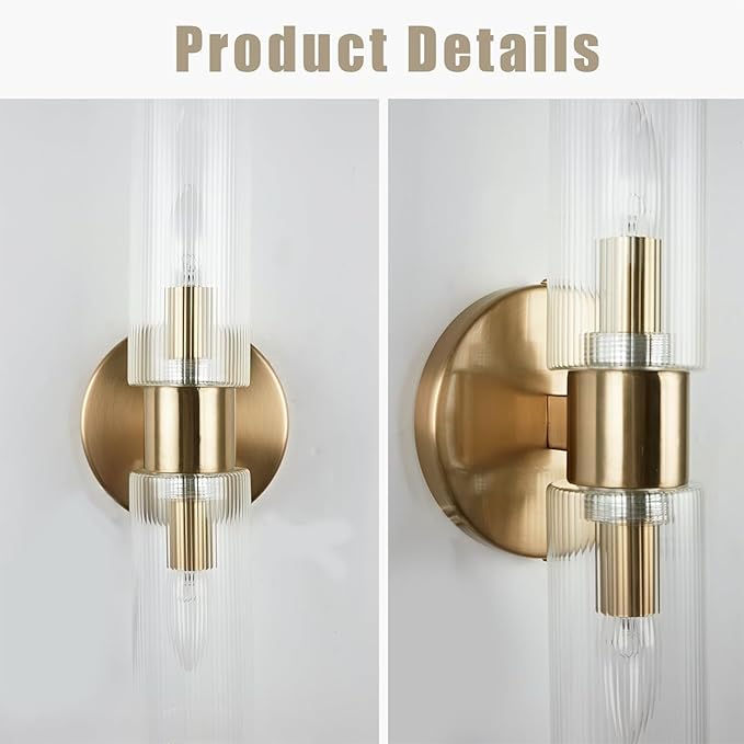 Modern Asymmetrical Glass Double Tube Wall Sconce, 2-Light Textured Shades, Wall Mounted Light for Living Room, Hallway, Bedroom, Porch, Bathroom (Brass)