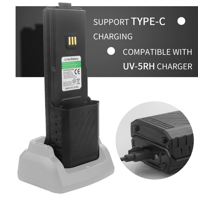 BaoFeng UV-5RM Battery,6800mAh High Capacity 5RM Extended Rechargeable Battery USB-C Charging 7.4V UV-5RM UV-5RH PRO GM-5RH UV-5G Plus GMRS 5RM Series Two-Way Radio (2 Pack+USB-c Charging Cable)