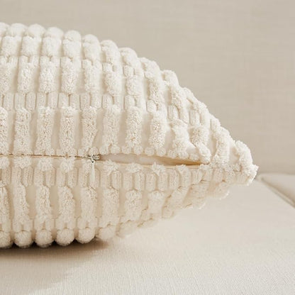 Fancy Homi Cream Lumbar Decorative Throw Pillow Covers 12x24 Inch for Living Room Couch Bed Sofa, Rustic Farmhouse Boho Home Decor, Soft Striped Corduroy Rectangle Cushion Case 30x60 cm