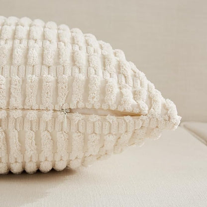 Fancy Homi Cream Boho Lumbar Decorative Throw Pillow Covers 12x20 Inch for Living Room Couch Bedroom, Soft Corduroy Rectangle Solid Cushion Case 30x50 cm, Rustic Farmhouse Home Decor