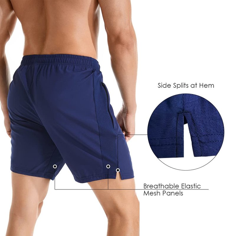 Gerlobal Men's 7" Athletic Running Shorts Lightweight Quick Dry Gym Workout Shorts with Zipper Pockets Navy,Large