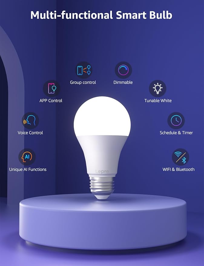 Lepro B1 AI Smart Light Bulbs - WiFi & Bluetooth RGBWW Color Changing LED Bulb Works with Alexa & Google Assistant, Personalized Al Lighting Designer, AI Voice Control, Music Sync, 2.4GHz Only, 1 Pack