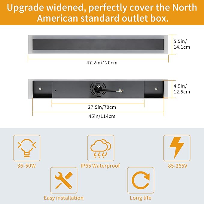 Upgrade Widened 2 Pack Long Outdoor Modern LED Wall Light, 47.2inch Large Black Wall Sconce, 3 Color 3000K/4500K/6000K, IP65 Waterproof, 41W, Exterior Lighting Fixture for House, Fence, Yard, Patio