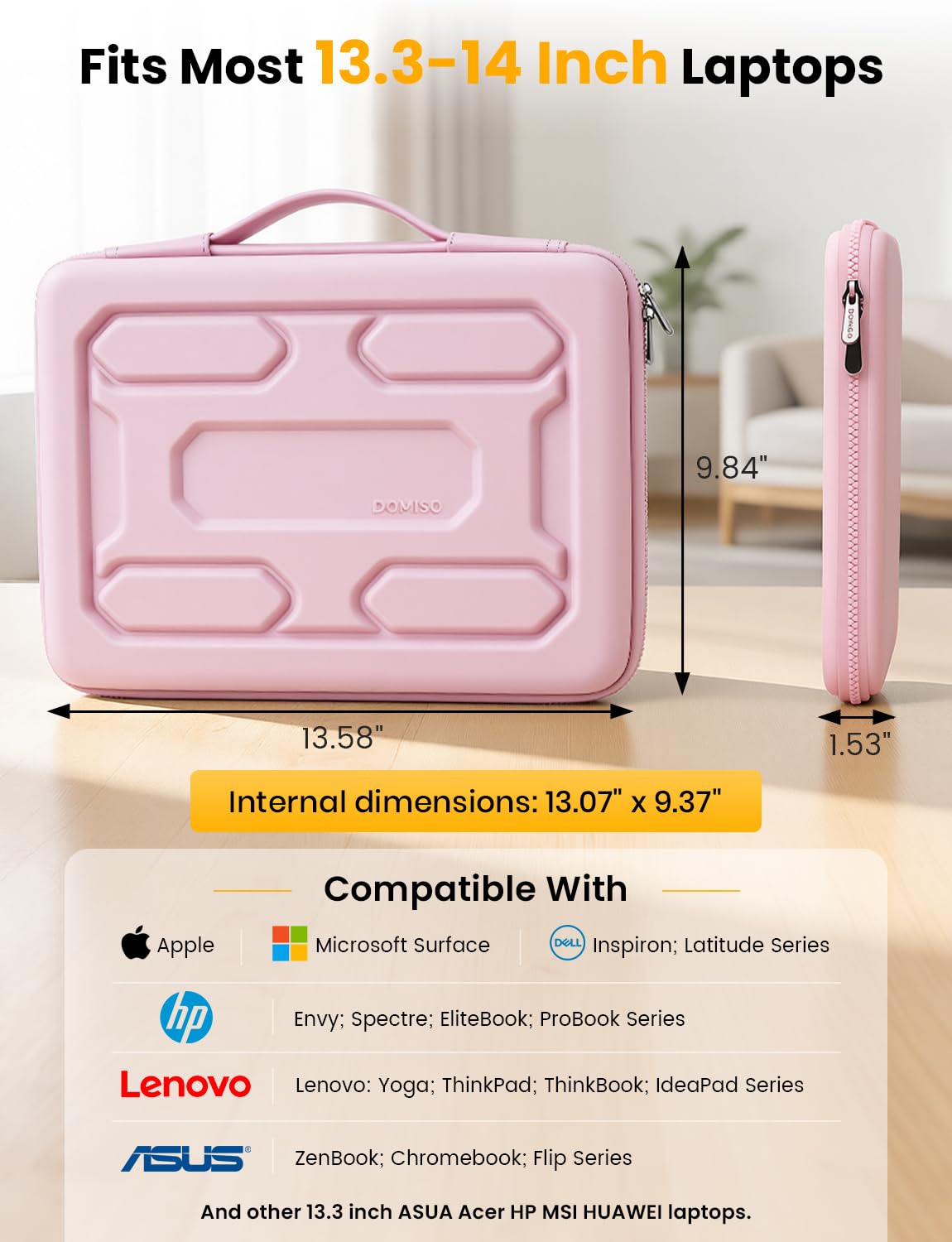DOMISO Laptop Hard Case 14-14.4 inch Waterproof Shockproof Hard Shell Laptop Sleeve with Handle & Storage Pocket, Compatible with MacBook, HP, Dell,Pink
