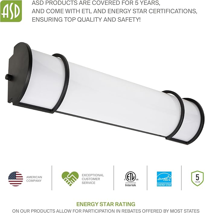 ASD LED 36" Vanity Flush Mount Light Fixture, Linear Bathroom Lighting Bar | 3CCT, Dimmable, Energy Star, ETL Listed | 30W 2650LM 3000-5000K 120V | Long Tube Bath Wall Sconce Over Mirror | Black