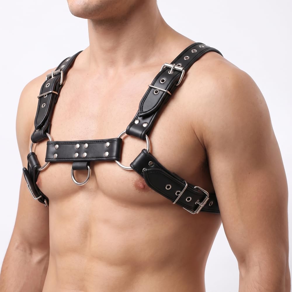 Men's Adjustable PU Leather Chest Harness, Gothic Punk Body Harness with Metal Buckles for Rave Festival Clubwear Cosplay Black