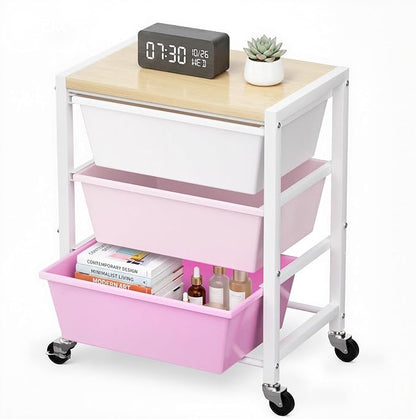 Rolling Cart with 3 Drawers, Plastic Drawer Storage Carts with Lockable Wheels & Wooden Tabletop, Metal Art Craft Utility Cart Organizer for Home Office Bedroom Dorm Bedside Classroom, Bright Pink