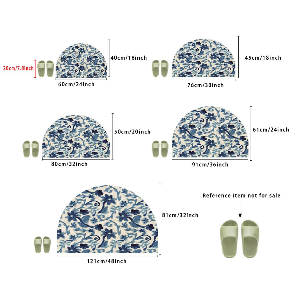 Mrcrypos Half Round Rugs Blue Small Flower Branches Non-Slip Semi Circle Area Rug Blue Flower Semi Circle Rug for Bedroom Bathroom Balcony Laundry Garage Holiday Decorative 24 X 36 Inch