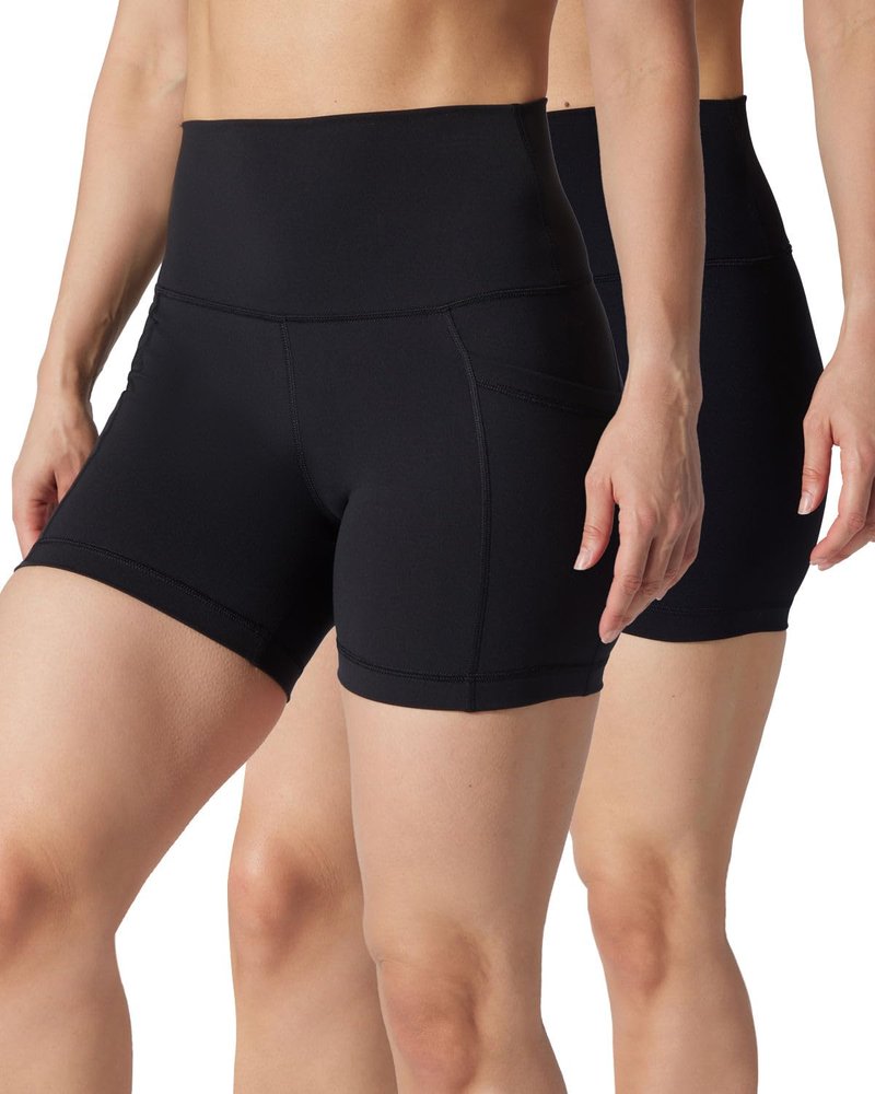 Yogalicious Womens High Waisted Biker Shorts Squat Proof Workout Yoga Short 5”, 7” 2 Pack - Black (W/Pocket) / Black (No Pocket) 5" - Small