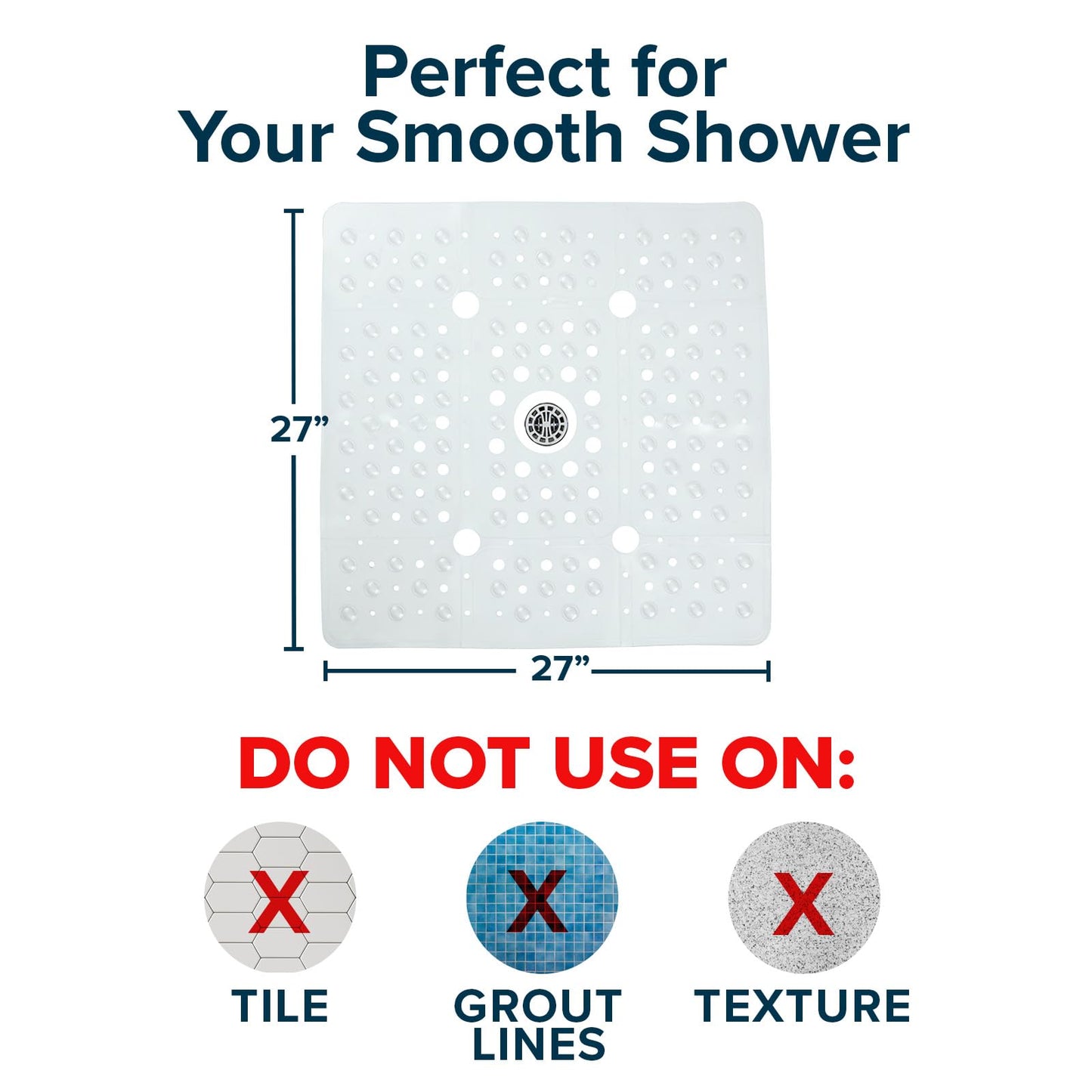 SlipX Solutions 27" Oversize Square Shower Mat, Non-Slip Mat for Elderly & Kids, 100+ Power Grip Suction Cups for Smooth Surfaces, Machine Washable, Clear