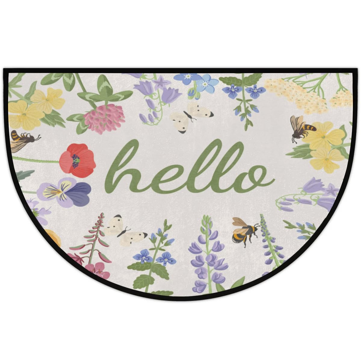 Half Round Door Mat,Hello Floral Non Slip Absorbent Entrance Doormat,Spring Flower Welcome Mat for Front Door,Low-Profile Semi Circle Floor Mats Area Rugs for Home Kitchen Garage Patio,36" x 24"