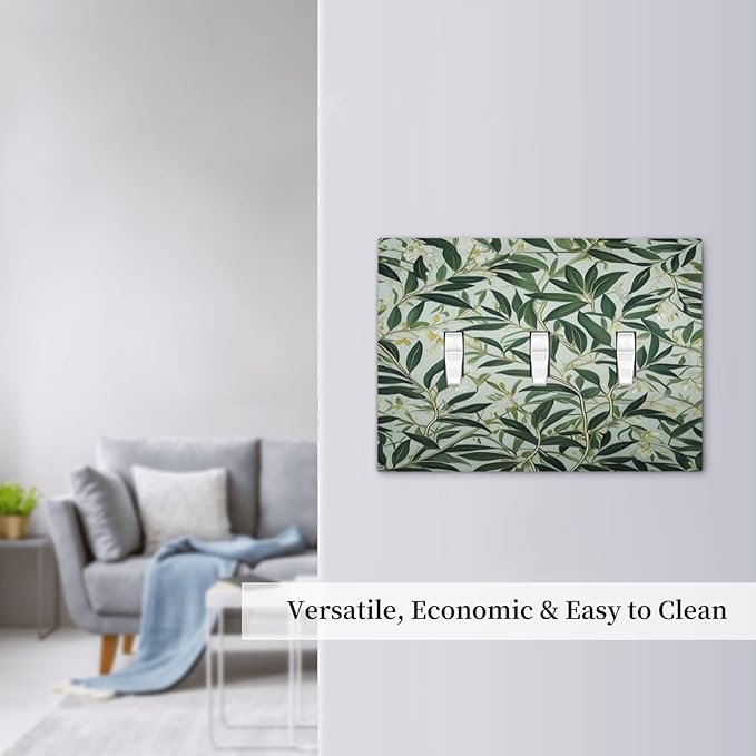 Sage Eucalyptus Leaves Foliage Light Switch Covers 3 Gang Triple Toggle Wall Plate Decorative Switchplate Electrical Faceplate for Farmhouse Living Decor