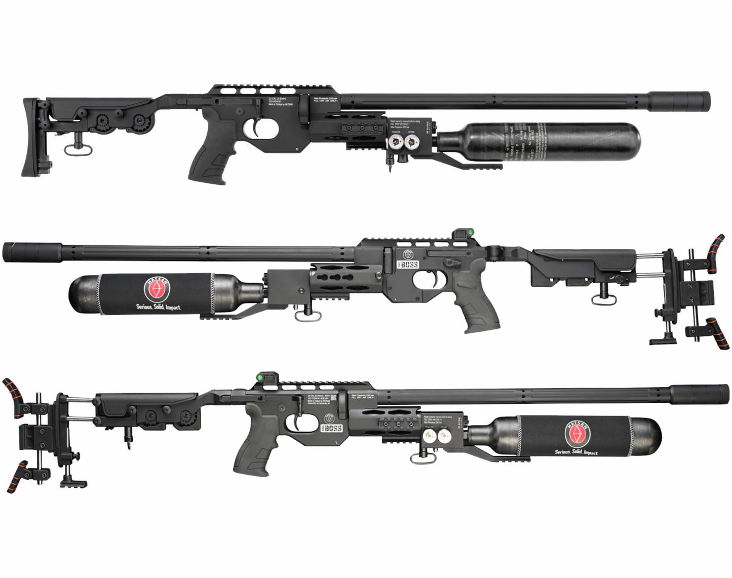 Hatsan TacBoss .25 Cal 905 FPS 37 FPE 14-Shot PCP Black Air Rifle, Side-Lever Action, 580cc Air Cylinder, Dual Pressure Gauges, QE Technology w/ Wearable4U 150x .25cal Pellets & Scope w/Mounts Bundle