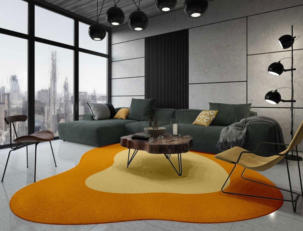 Mustard Yellow Beige Modern Abstract Irregular Area Rug 6ft Unique Design Irregular Shaped Rugs for Living Room Bedroom Playroom Pet Friendly Carpet Boho Under Dining Table Non Slip Easy Clean Mats