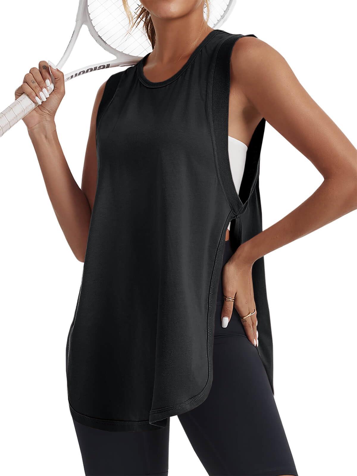Tankaneo Womens Summer Workout Tank Tops Cotton Side Slit Sleeveless Shirts Oversized Casual Yoga Gym Tees Black