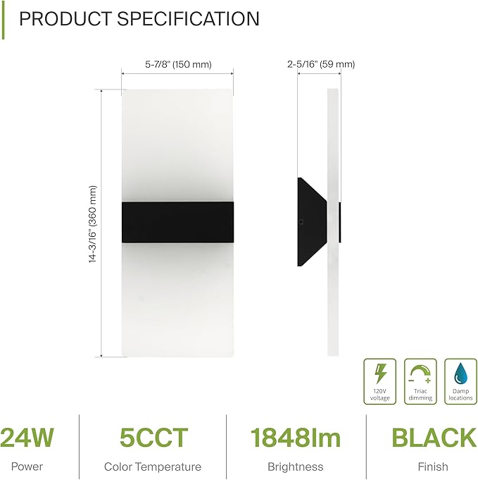 ASD 14 Inch LED Indoor Wall Sconce - Modern Interior 24W 120V 2700K-5000K Adjustable Dimmable Wall Mounted Light Fixtures, Acrylic Glass Wall Lights for Stairway, Hallway - ETL, Matte Black